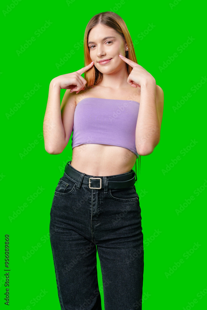 Young Woman Smiling and Touching Cheeks in Front of Green Screen Young Woman Smiling and Touching Cheeks in Front of Green Screen