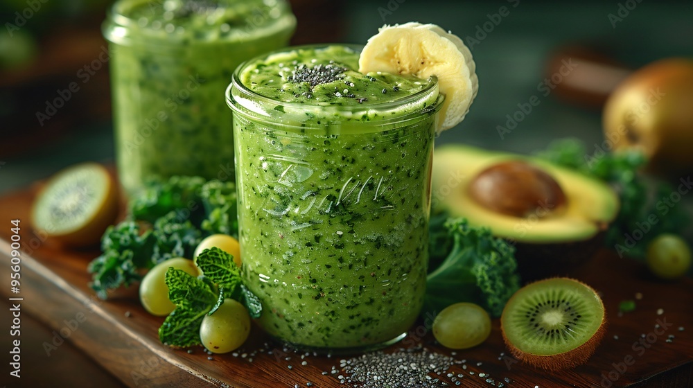 glass jar holds a vibrant green health smoothie brim glass jar holds a vibrant green health smoothie brim