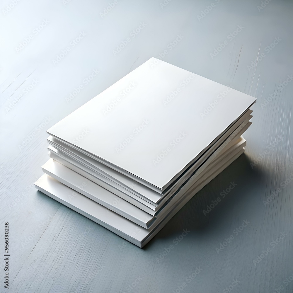 A stack of blank brochures or magazines on a blue wooden table. A stack of blank brochures or magazines on a blue wooden table.