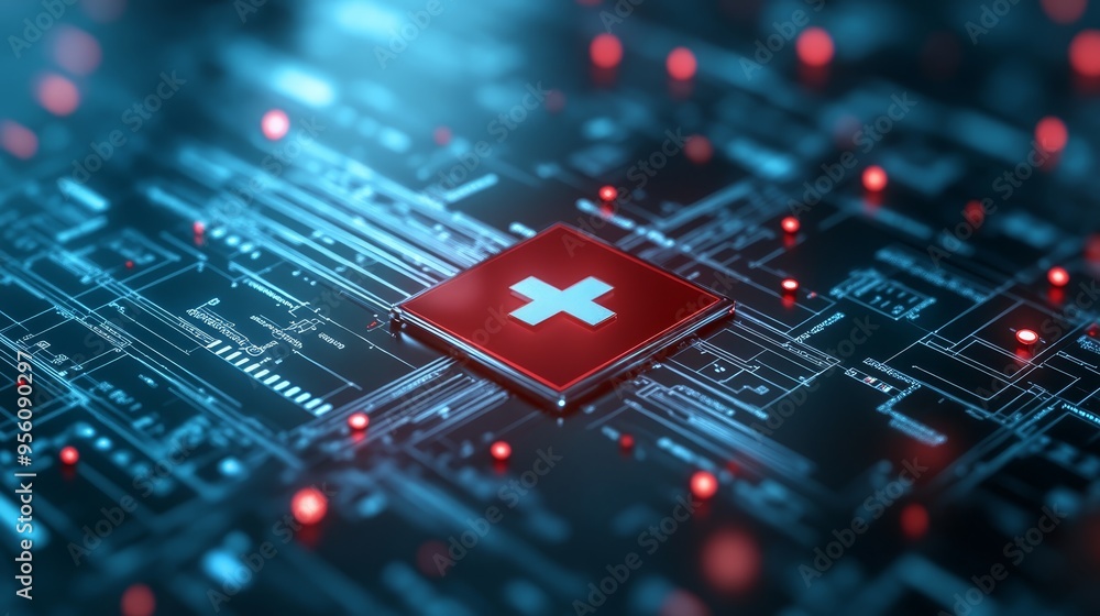 Red Cross Medical Symbol on Futuristic Circuit Board Red Cross Medical Symbol on Futuristic Circuit Board