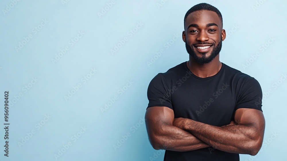 Confident, happy and fit young black African man wearing black t-shirt smiling cheerfully while crossing his arms and looking at the camera on light blue background Confident, happy and fit young black African man wearing black t-shirt smiling cheerfully while crossing his arms and looking at the camera on light blue background