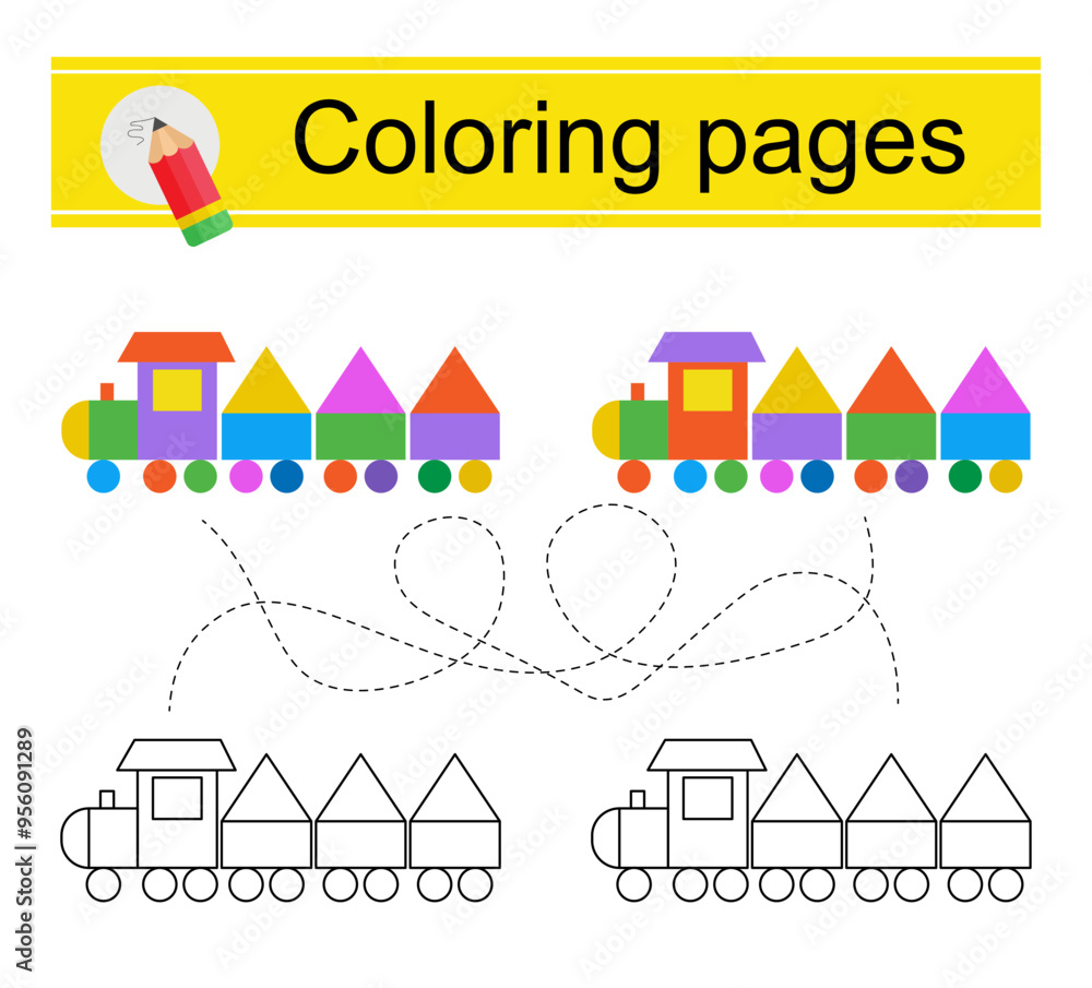 Educational game for kids. Go through the maze and color a cartoon train according to the pattern. Educational game for kids. Go through the maze and color a cartoon train according to the pattern.