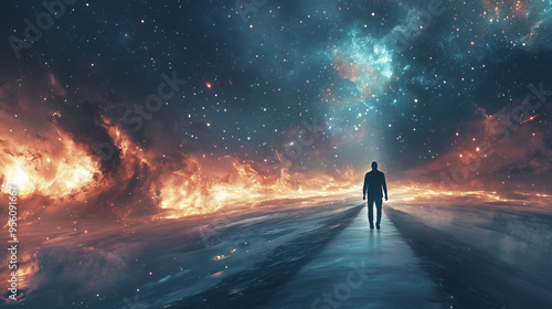 man walking on illuminated pathway with stars and galaxies