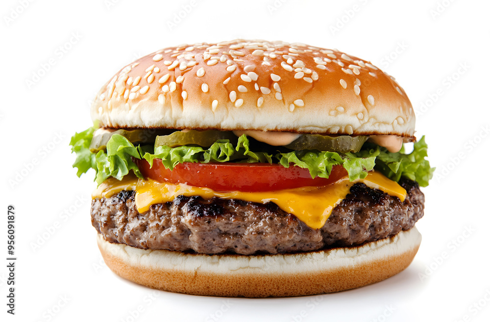 A hamburger with lettuce, tomato, and cheese A hamburger with lettuce, tomato, and cheese