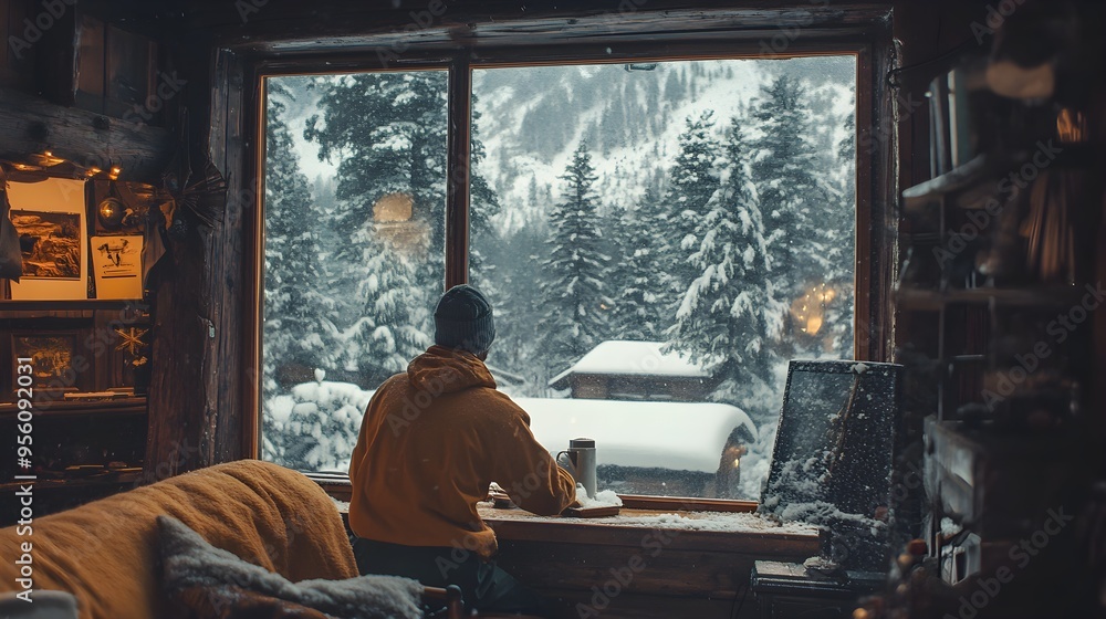 Housekeeper carefully scrubbing a large glass window, with a picturesque snowy scene outside, vintage cabin interior with wooden walls and cozy atmosphere Housekeeper carefully scrubbing a large glass window, with a picturesque snowy scene outside, vintage cabin interior with wooden walls and cozy atmosphere