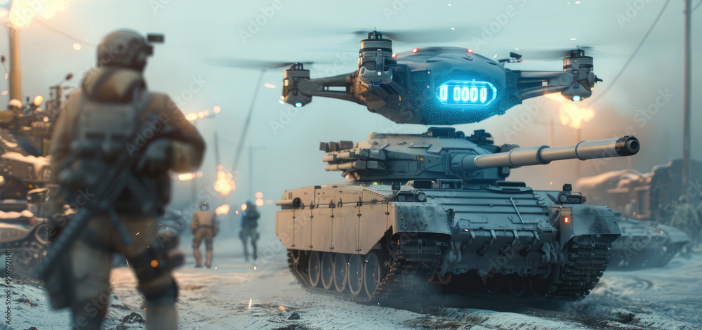 A blue drone with lights is flying over the battlefield, soldiers and tanks fight against each other. The tank has a white shotgun mounted on its back, while an army soldier stands in front of it. A blue drone with lights is flying over the battlefield, soldiers and tanks fight against each other. The tank has a white shotgun mounted on its back, while an army soldier stands in front of it.