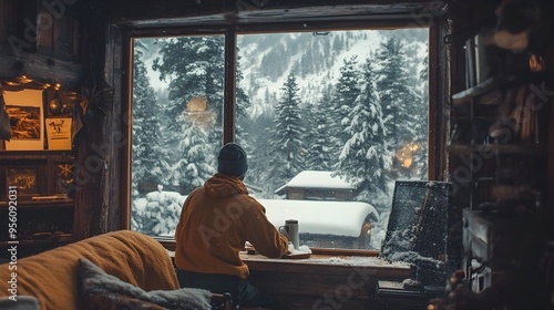 Housekeeper carefully scrubbing a large glass window, with a picturesque snowy scene outside, vintage cabin interior with wooden walls and cozy atmosphere