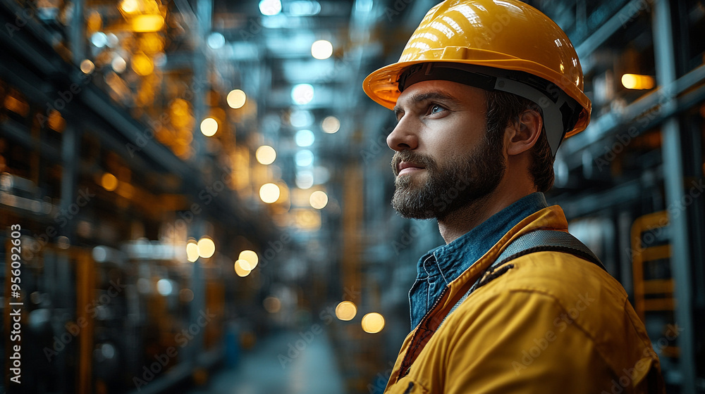 A focused worker in safety gear stands in an industrial setting, showcasing dedication and commitment to safety and efficiency. A focused worker in safety gear stands in an industrial setting, showcasing dedication and commitment to safety and efficiency.