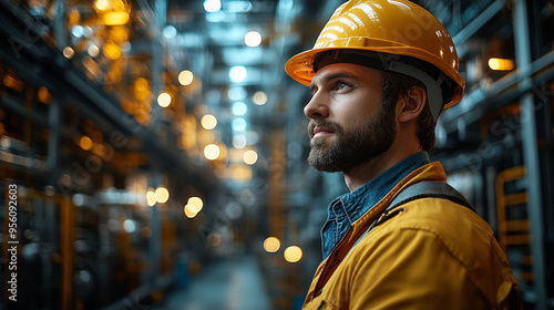 A focused worker in safety gear stands in an industrial setting, showcasing dedication and commitment to safety and efficiency.