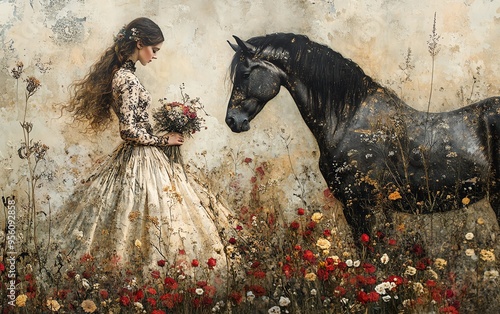 artistic depiction of a woman in a kneelength dress with wildflowers photo