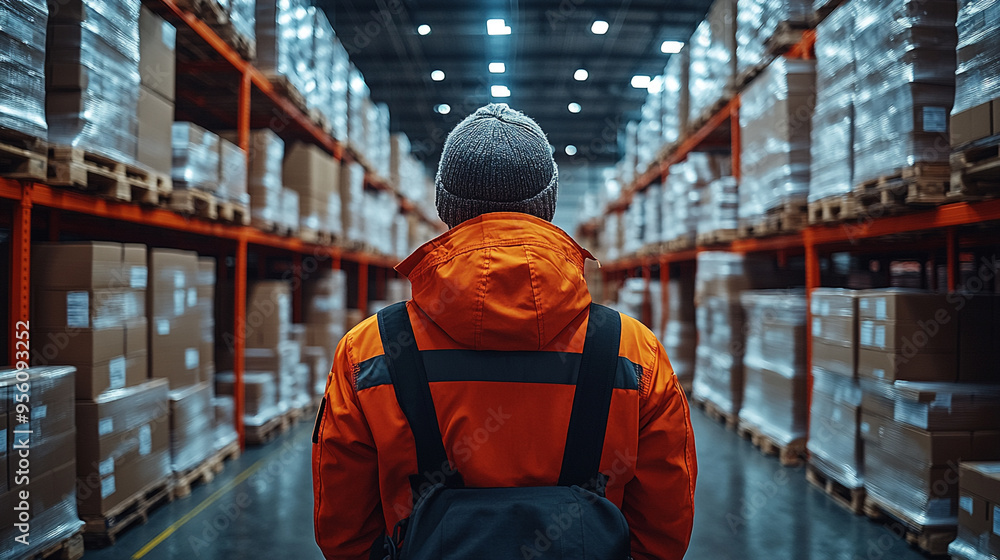 A warehouse worker in an orange jacket stands in an aisle filled with stacked boxes, capturing the essence of logistics and efficiency. A warehouse worker in an orange jacket stands in an aisle filled with stacked boxes, capturing the essence of logistics and efficiency.