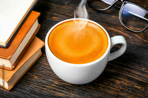 A flat lay of a steaming cup of coffee surrounded by books and reading glasses, placed on a wooden table, warm tones and soft shadows, photo