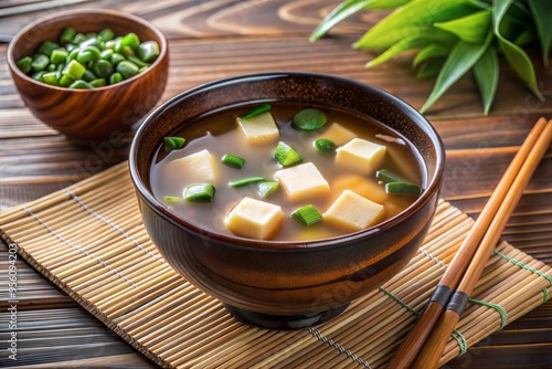 A bowl of miso shiru soup with tofu, green onion, and wakame seaweed on wooden table. Chopsticks.  photo