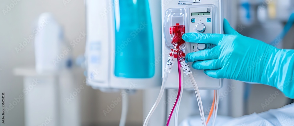 Close-up of a gloved hand adjusting a medical machine. Close-up of a gloved hand adjusting a medical machine.