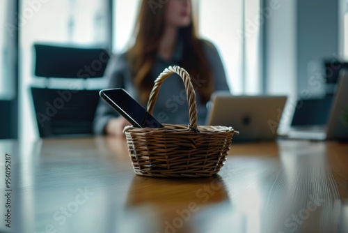 Cellphone free board room meeting for female office worker. photo