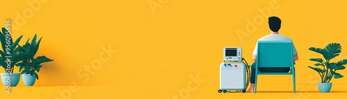 Patient undergoing home dialysis treatment, with portable machine setup, flat design illustration