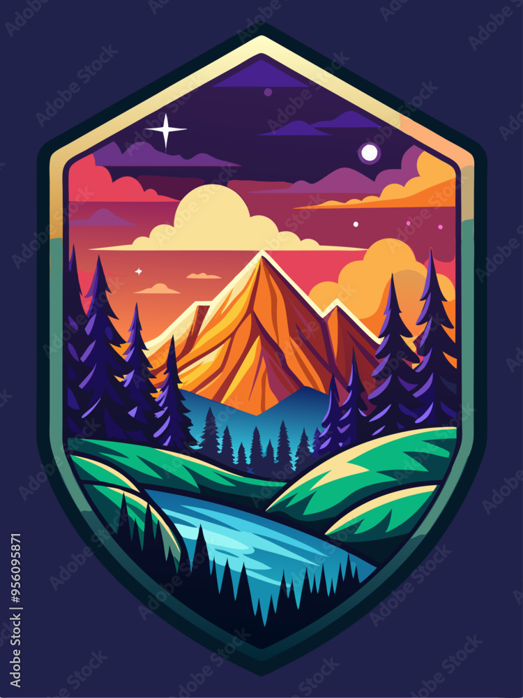 Mountain Range Sunset with Forest and River in Shield Shape Mountain Range Sunset with Forest and River in Shield Shape