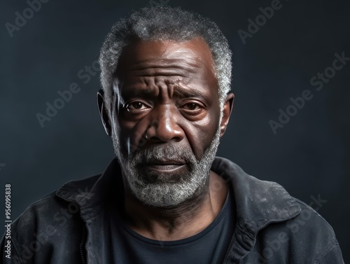 Charcoal background sad black American independent powerful man. Portrait of older mid-aged person beautiful bad mood expression isolated 