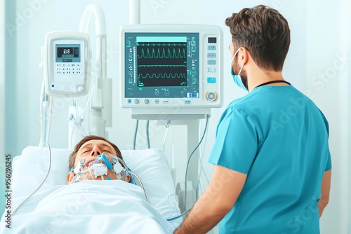 Doctor monitoring a patient in a hospital bed connected to a breathing machine.