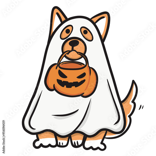 Dog in ghost costume with pumpkin bag