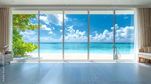 Modern hotel room with floor-to-ceiling windows being cleaned, revealing a pristine tropical coastline with white sands and clear blue skies