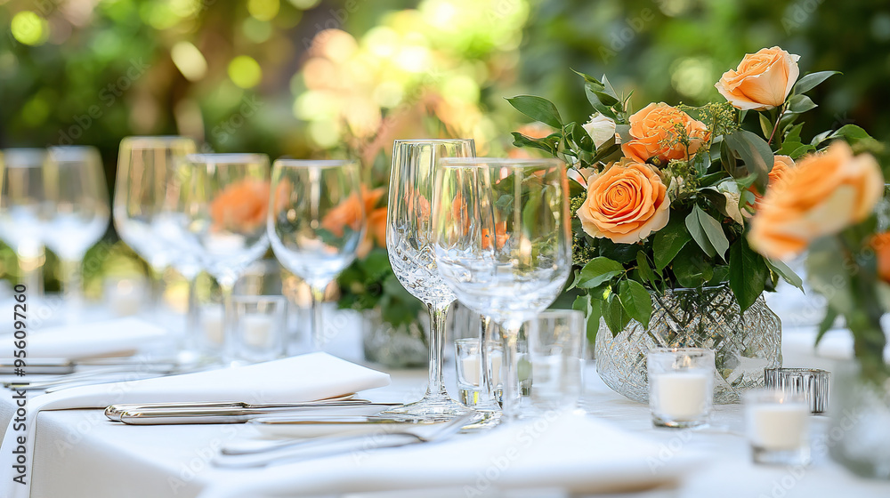 A long table for friends, with flowers, wine glasses and utensils on the table A long table for friends, with flowers, wine glasses and utensils on the table