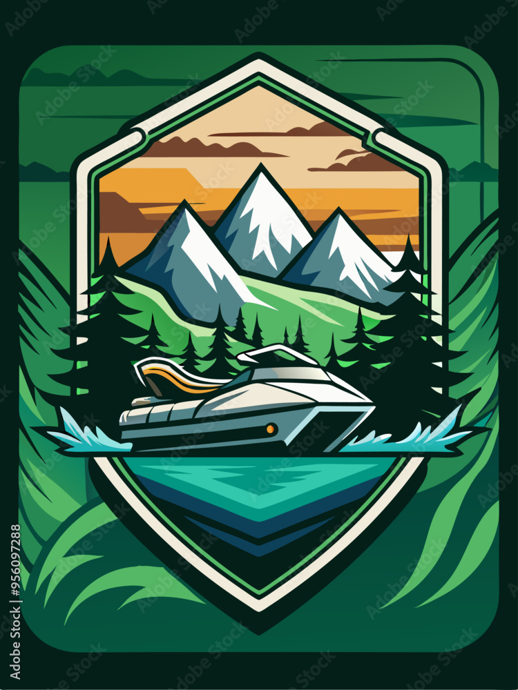 Jet Ski Adventure in a Mountain Lake at Sunset Jet Ski Adventure in a Mountain Lake at Sunset