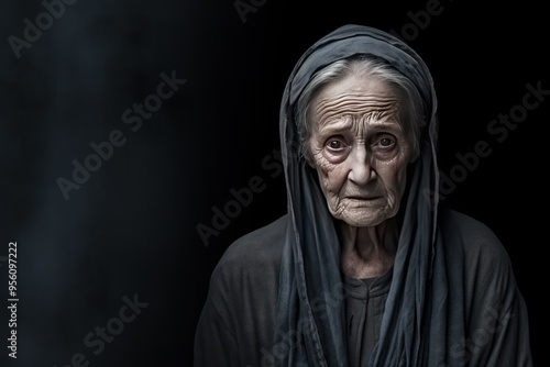 Charcoal background sad European white Woman grandmother realistic person portrait of young