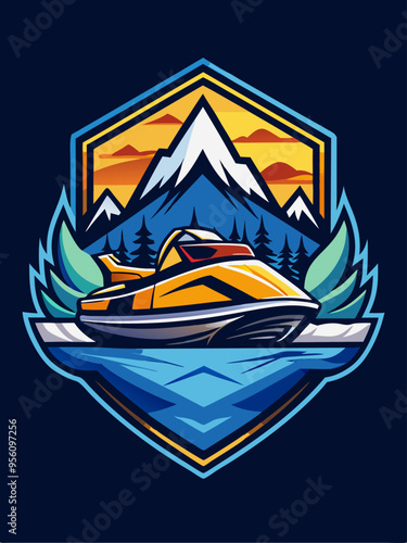 Mountainous Landscape with Yellow Jet Ski and Water