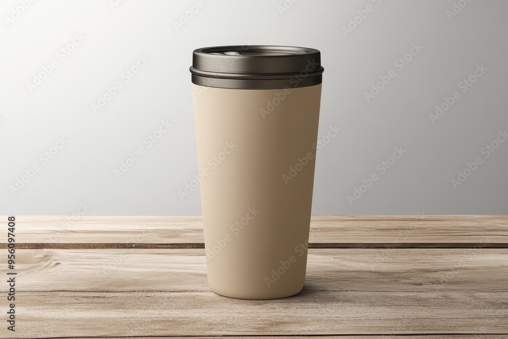 A plain reusable coffee cup on a wooden table, designed for beverages. A plain reusable coffee cup on a wooden table, designed for beverages.