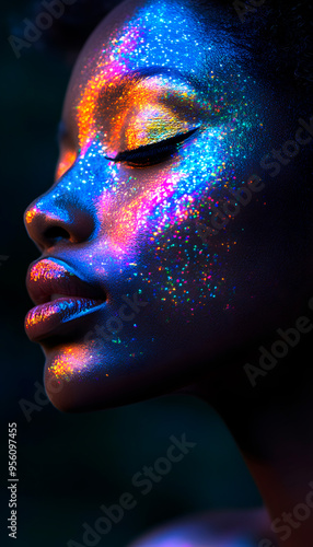 Vibrant Portrait of Woman with Colorful Glitter Face Art