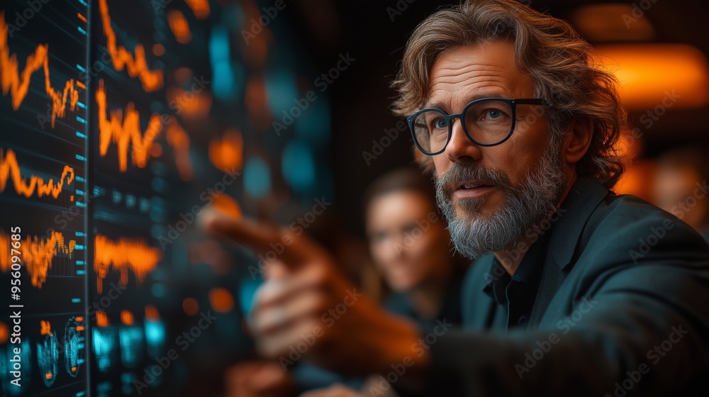 Senior Financial Analyst Reviewing Complex Data on a Large Digital Screen in a High-Tech Trading Room Environment Senior Financial Analyst Reviewing Complex Data on a Large Digital Screen in a High-Tech Trading Room Environment
