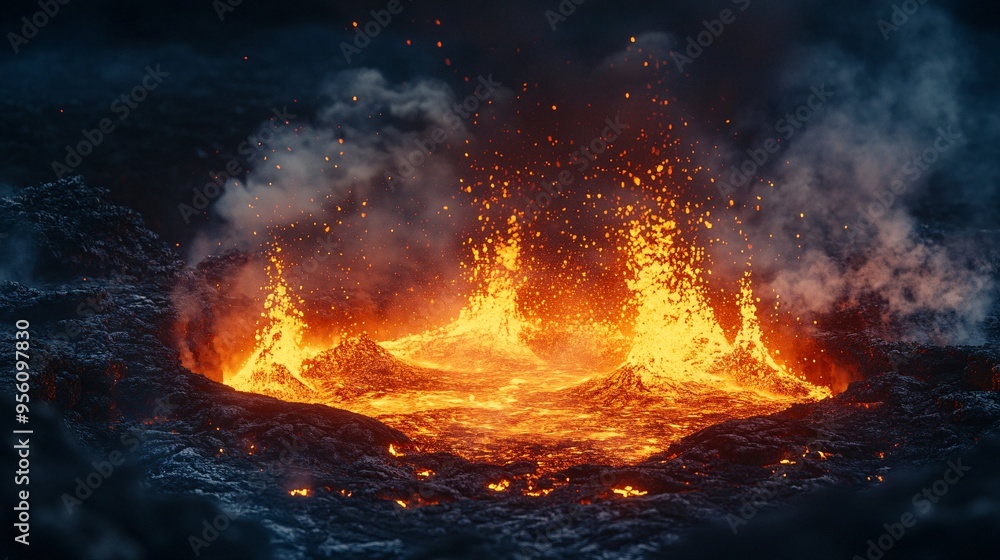 Fototapeta premium Fiery Fury: Close-up Shot of a Volcanic Eruption with Lava Spewing, Smoke, and Copy Space