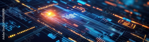 Futuristic digital circuit board with glowing lights and intricate patterns  representing advanced technology and innovation.