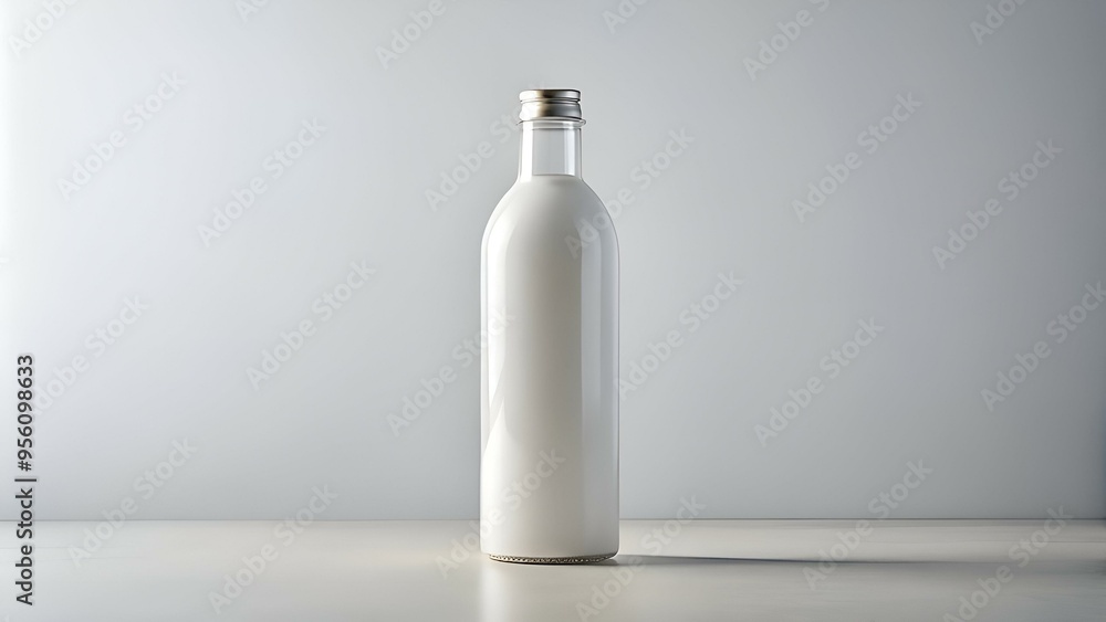 A simple yet elegant image of a glass bottle filled with white liquid. isolated against a white background. A simple yet elegant image of a glass bottle filled with white liquid. isolated against a white background.