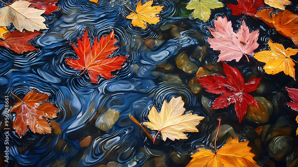 Autumn Leaves Floating on Water Stream Autumn Leaves Floating on Water Stream