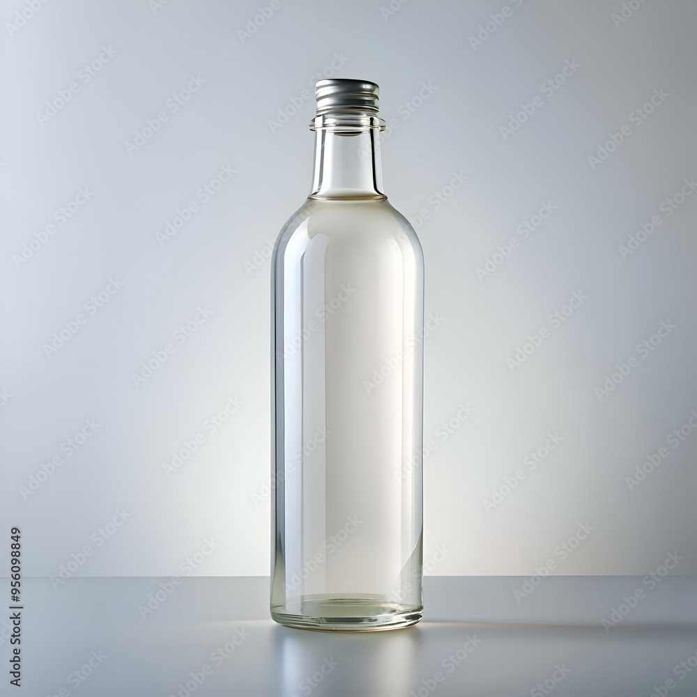 A clear glass bottle with a silver cap stands on a plain white background. ready for your design. A clear glass bottle with a silver cap stands on a plain white background. ready for your design.