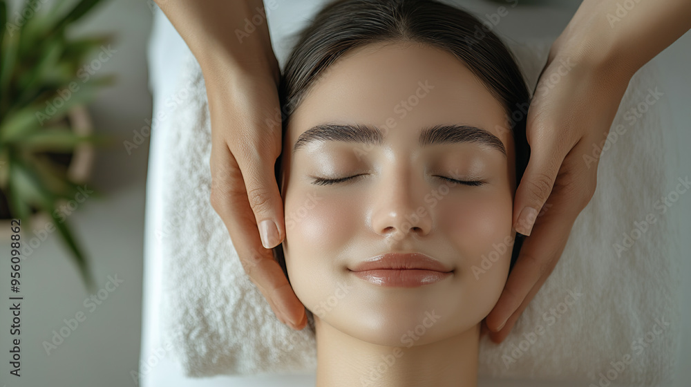 Naklejka premium A woman is lying on her back in the spa, with both hands massaging and touching her face