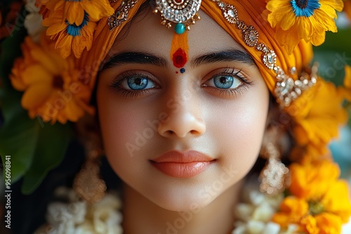 close-up of a little Indian girl dressed as Radha Krishna.