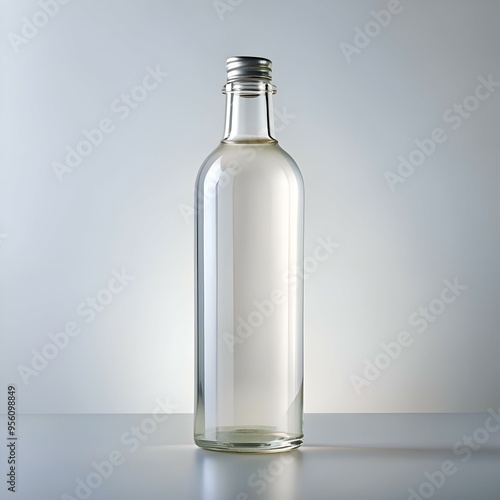 A clear glass bottle with a silver cap stands on a plain white background. ready for your design.