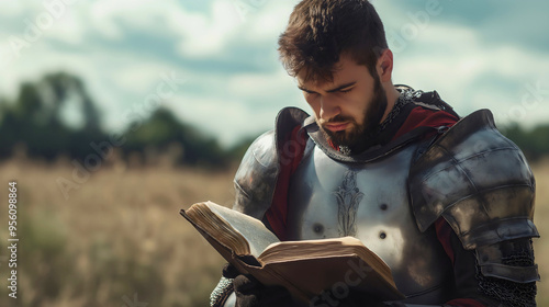 Christian medieval man ancient warrior or knight in full-body armor or steel, metal armor holding the Holy Bible outside in nature, history and religion, faith in God Jesus Christ, chivalry knighthood