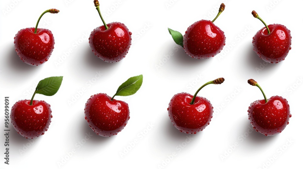 Fresh Red Cherries with Water Drops on White Background Fresh Red Cherries with Water Drops on White Background