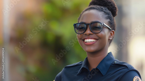 Portrait of a happy female police officer, young adult African American black woman with sunglasses policewoman in uniform, smiling positively, cop on duty, profession of justice and law enforcement