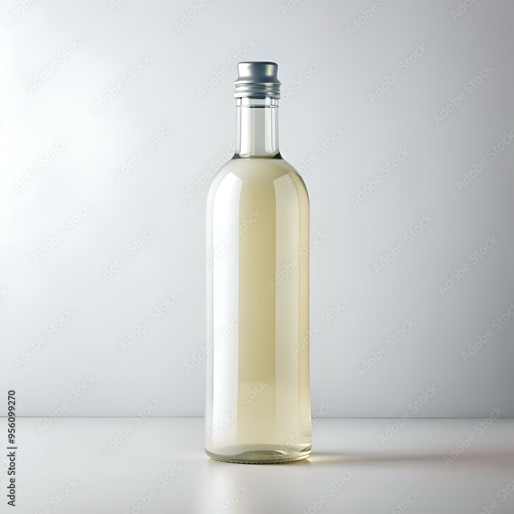 A clear glass bottle with a silver cap. filled with a light yellow liquid. stands isolated on a white background. A clear glass bottle with a silver cap. filled with a light yellow liquid. stands isolated on a white background.