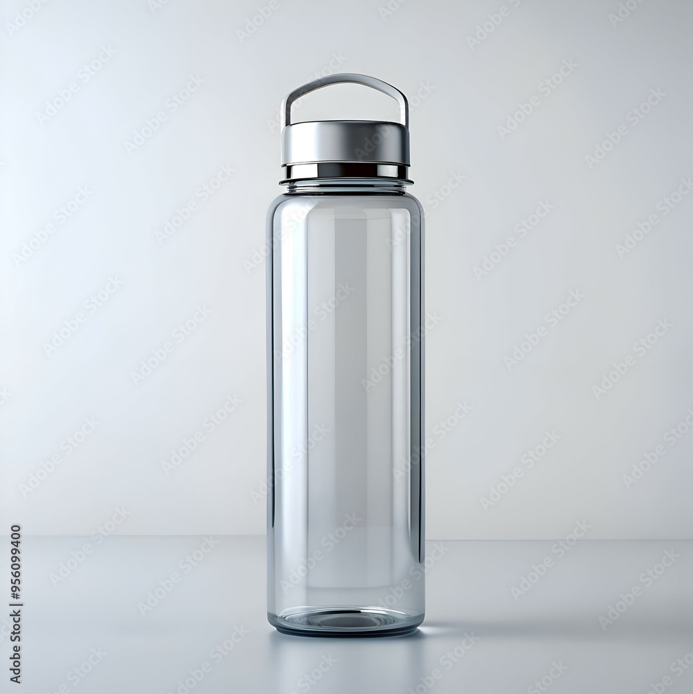Clean and modern mockup of a clear water bottle with a silver lid and handle. perfect for showcasing your brand or design. Clean and modern mockup of a clear water bottle with a silver lid and handle. perfect for showcasing your brand or design.