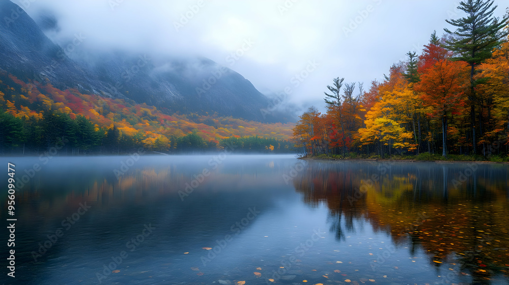 Autumn Foliage Reflected in Mountain Lake with Fog Autumn Foliage Reflected in Mountain Lake with Fog