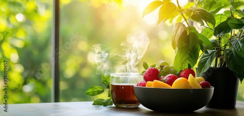 A cozy scene featuring fresh fruit and a steaming cup of tea, surrounded by lush greenery and warm sunlight.