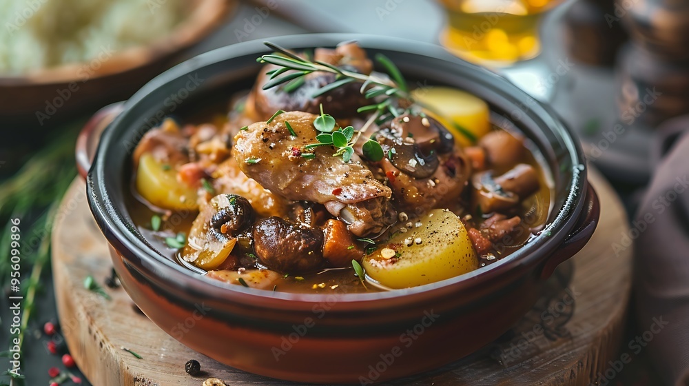 In an outdoor setting a traditional coq au vin stew includes juicy chicken mushrooms and potatoes topped with new spices In an outdoor setting a traditional coq au vin stew includes juicy chicken mushrooms and potatoes topped with new spices
