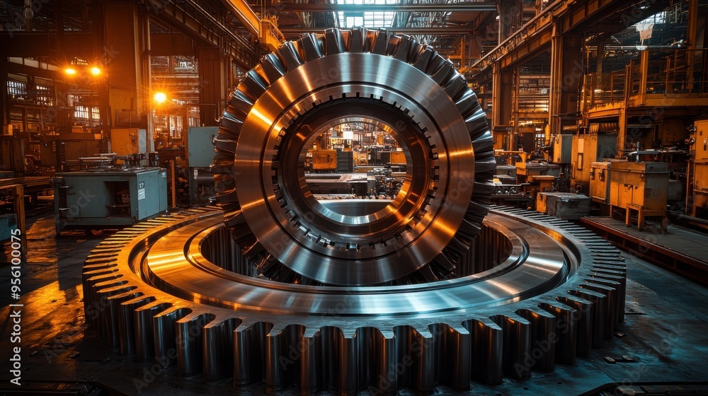A massive gear wheel being turned by a large industrial machine A massive gear wheel being turned by a large industrial machine