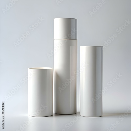 Wallpaper Mural A minimalist mockup featuring three blank white cylindrical containers arranged in a staggered formation against a clean white backdrop. Torontodigital.ca